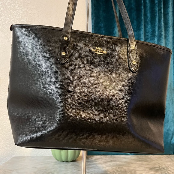 Coach Black Leather Tote with Gold Accents - Picture 3 of 11